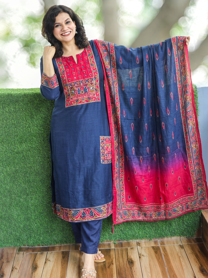Laakshi Deep Blue Mirror Work Russian Silk 3 Piece Set
