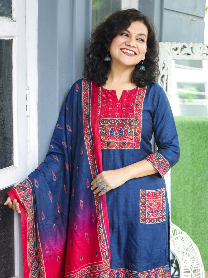 Laakshi Deep Blue Mirror Work Russian Silk 3 Piece Set