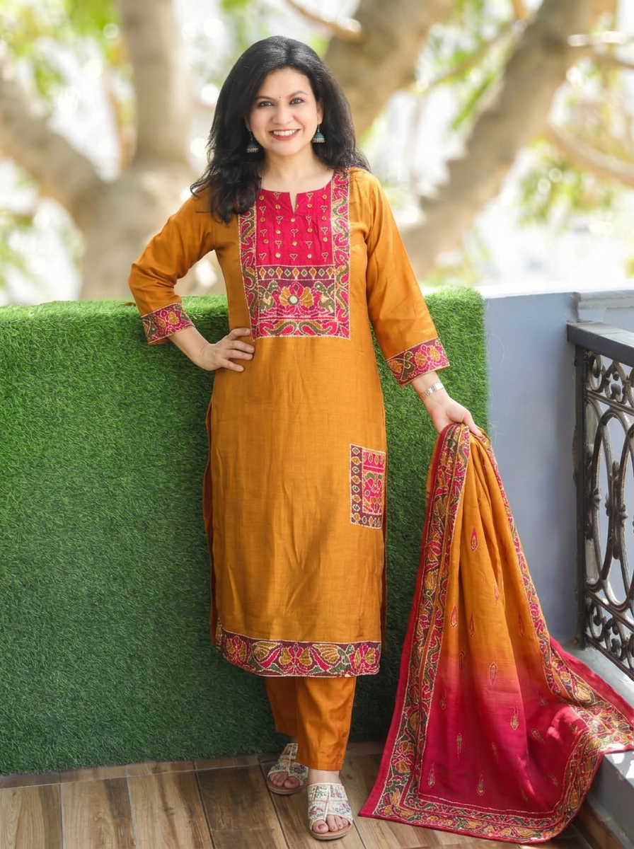 Laakshi Mustard Yellow Mirror Work Russian Silk 3 Piece Set