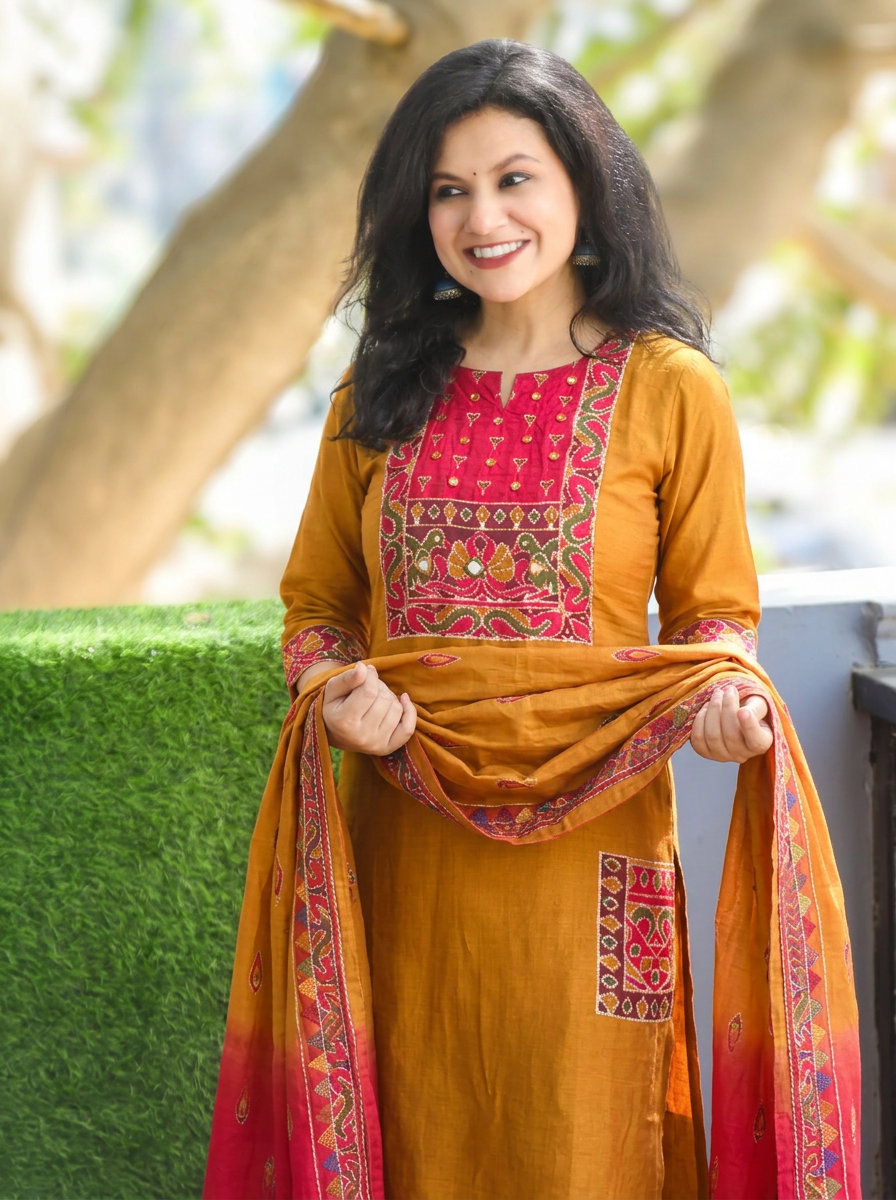 Laakshi Mustard Yellow Mirror Work Russian Silk 3 Piece Set