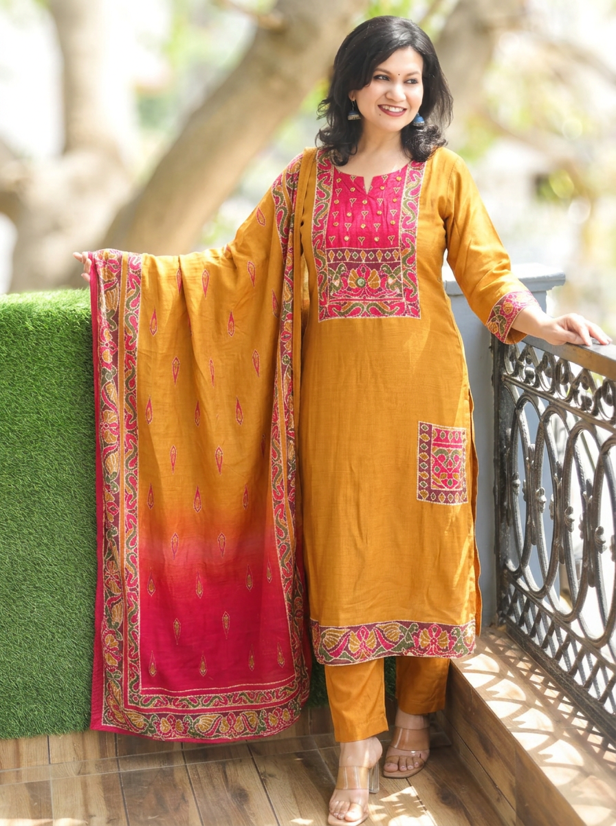 Laakshi Mustard Yellow Mirror Work Russian Silk 3 Piece Set