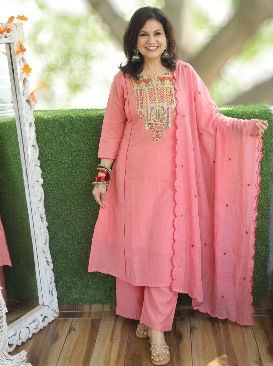 Kashviri Candy Pink Embroidered Panel Style Mul Chanderi 3 Piece Set