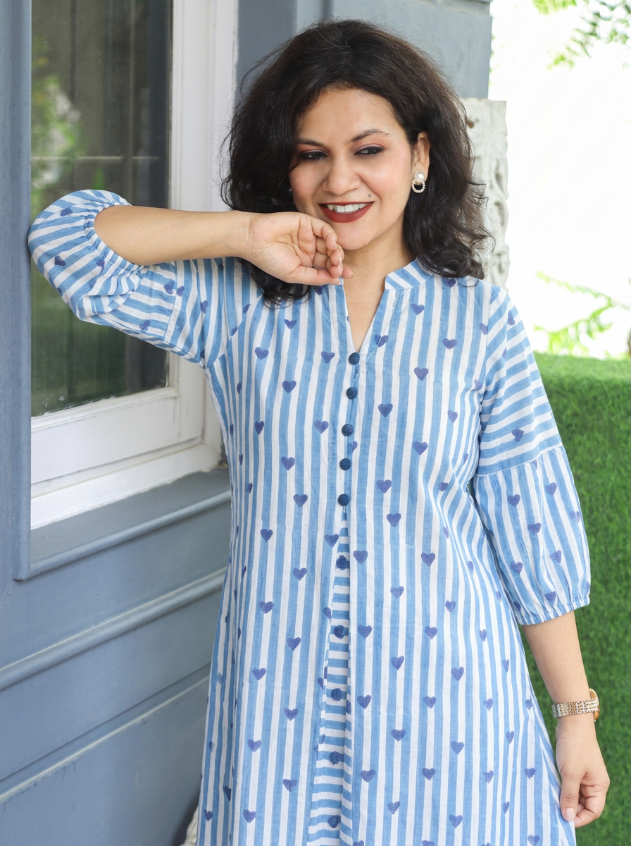 Nisya White with Blue Hand-Block Stripe Printed Cotton Co-ord Set
