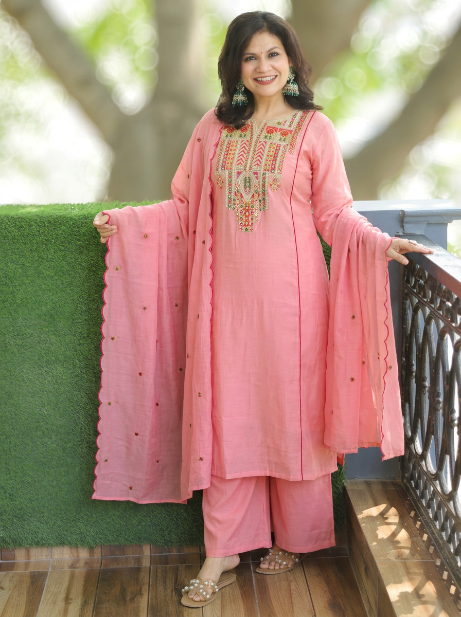 Kashviri Candy Pink Embroidered Panel Style Mul Chanderi 3 Piece Set