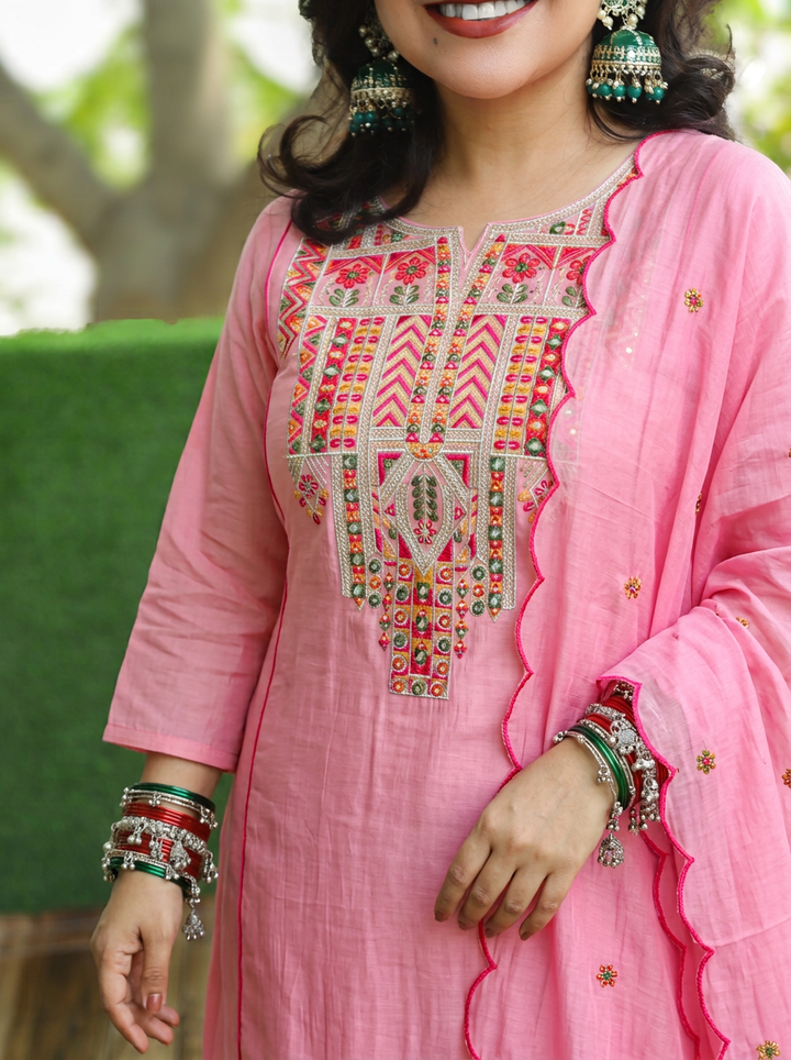 Kashviri Candy Pink Embroidered Panel Style Mul Chanderi 3 Piece Set