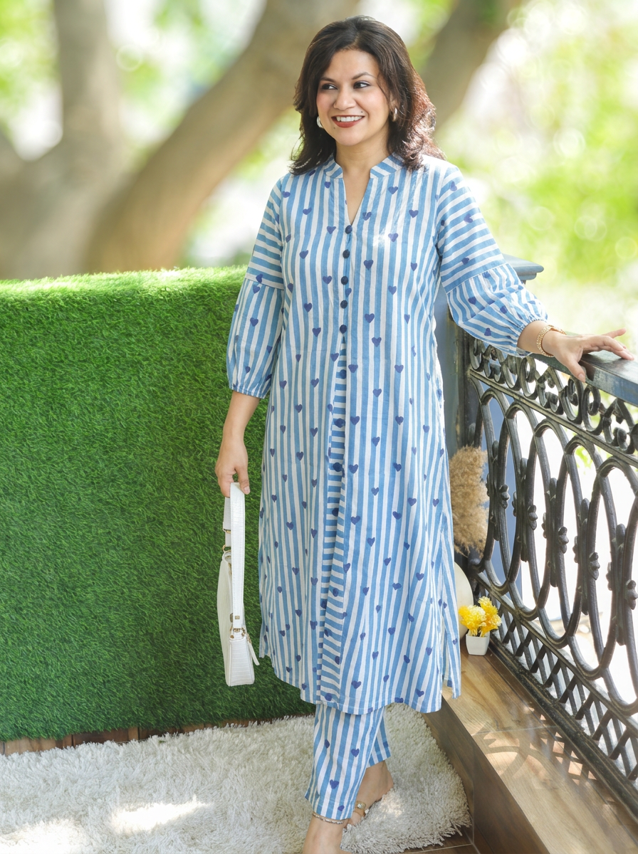 Nisya White with Blue Hand-Block Stripe Printed Cotton Co-ord Set