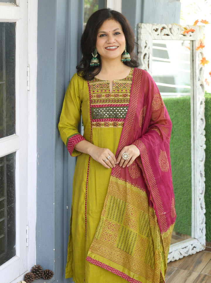 Kashish Lime Yellow Embroidered Panel Style Shimmer Pure Set