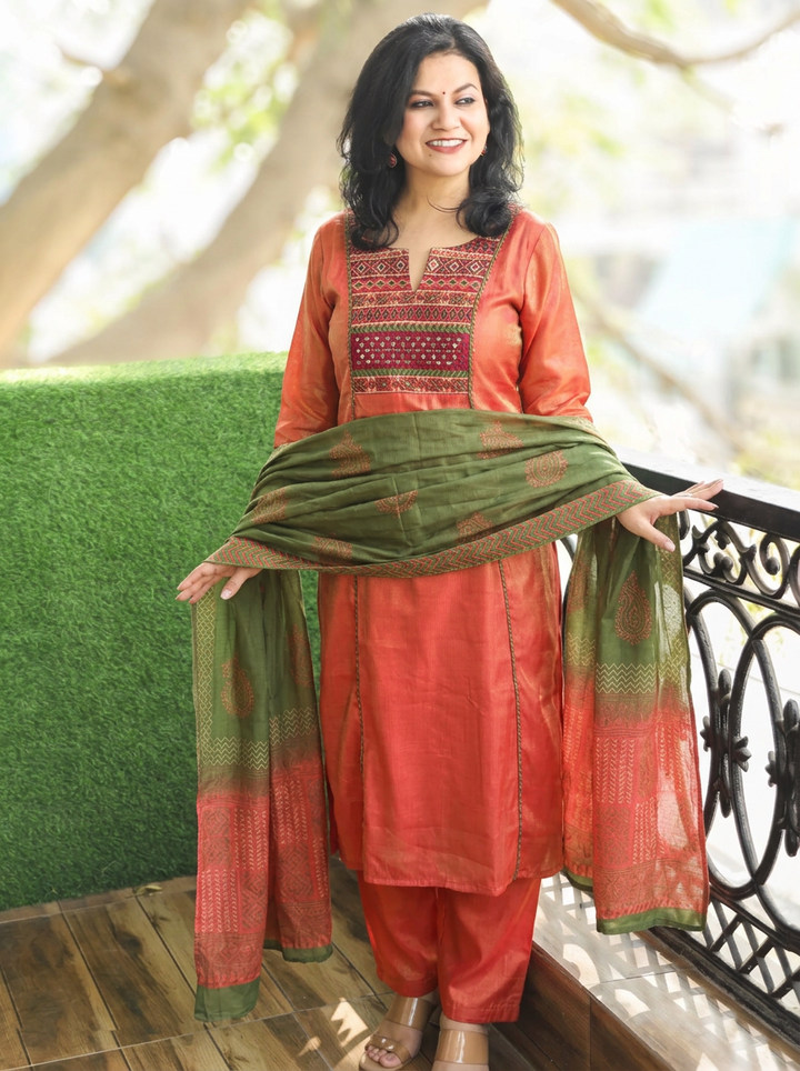 Kashish Coral Peach Embroidered Panel Style Shimmer Pure Set