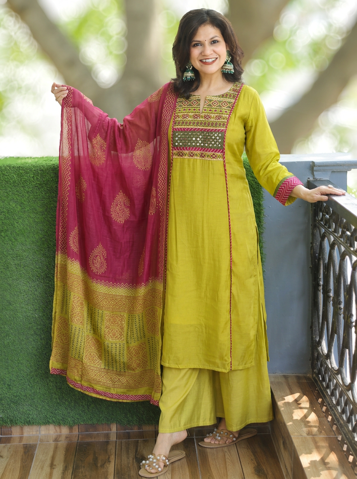 Kashish Lime Yellow Embroidered Panel Style Shimmer Pure Set