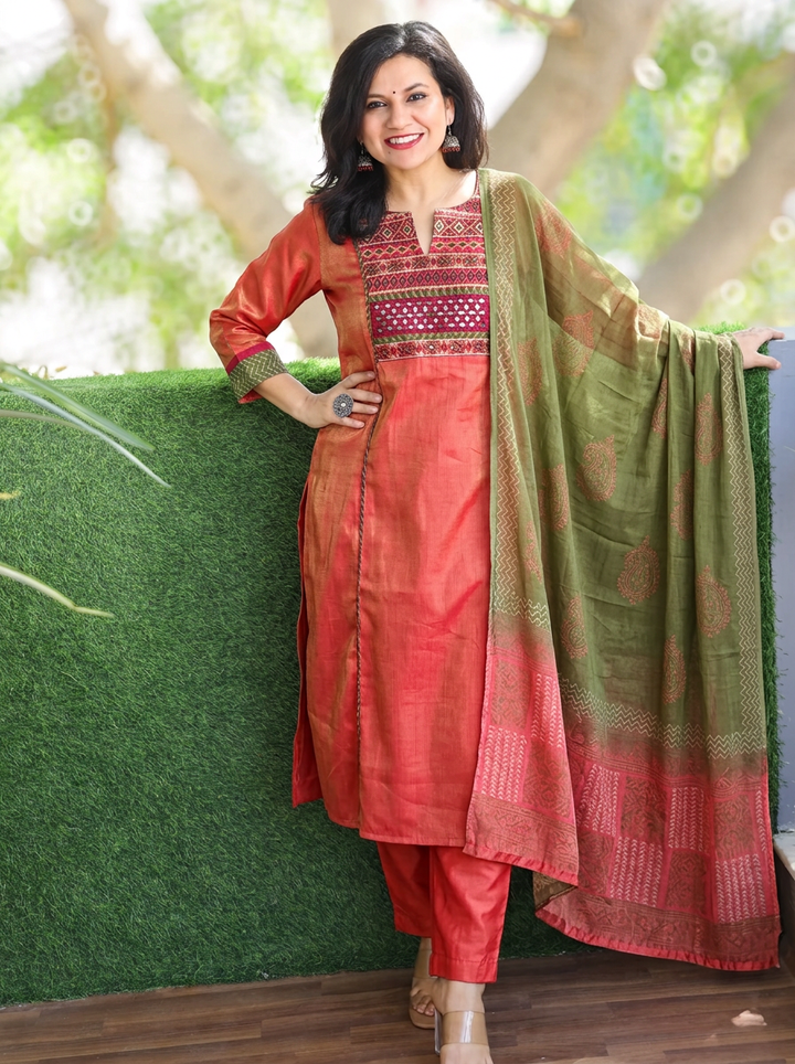 Kashish Coral Peach Embroidered Panel Style Shimmer Pure Set