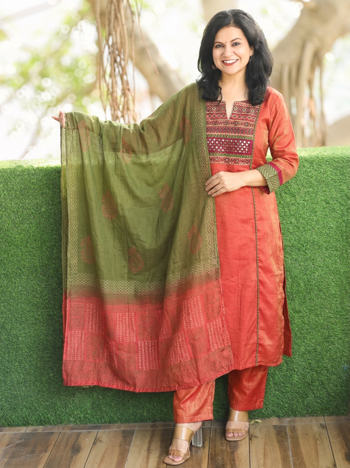 Kashish Coral Peach Embroidered Panel Style Shimmer Pure Set