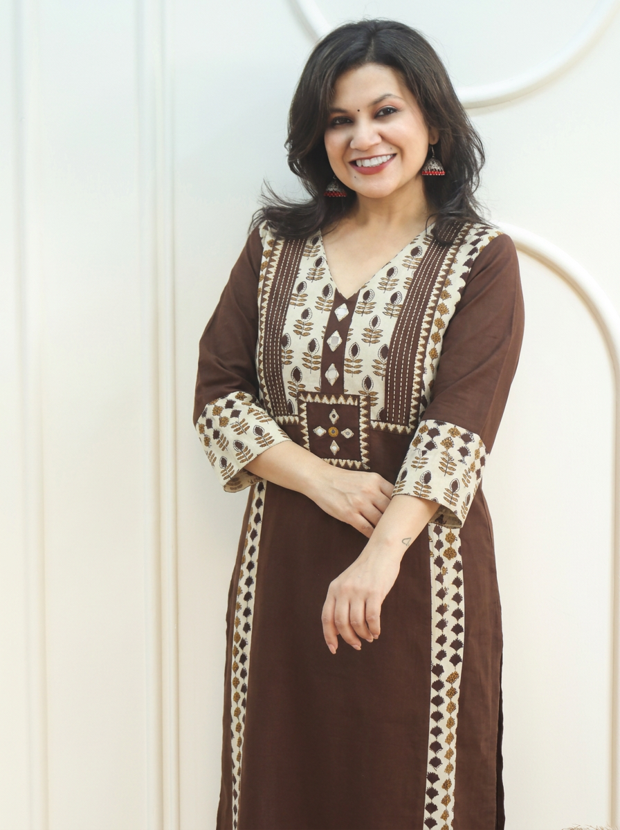 Drishti Choco Brown Triple Panel Ajrak Yoke with Mirror Cotton Kurti