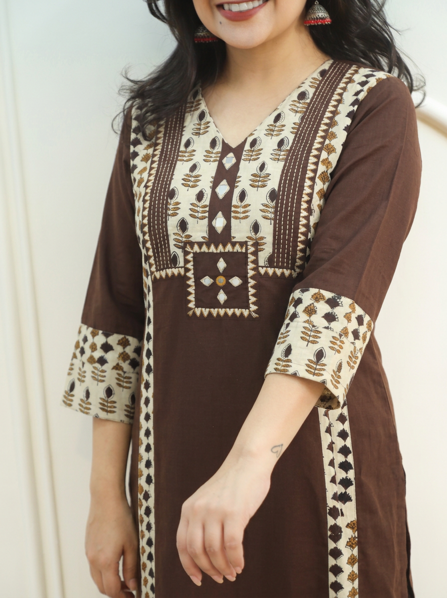 Drishti Choco Brown Triple Panel Ajrak Yoke with Mirror Cotton Kurti