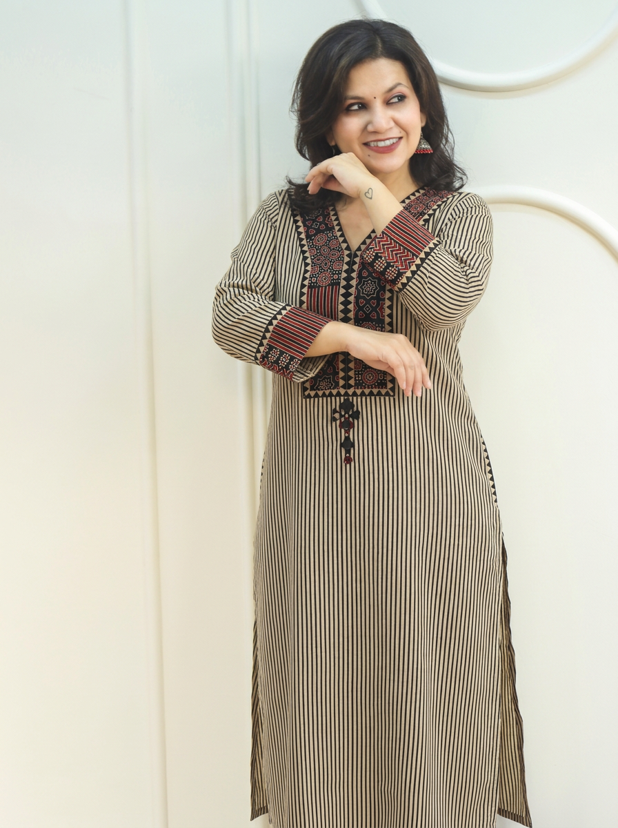Amulya Onxy Black Ajrakh Patch Stripe Print Cotton Co-ord Set