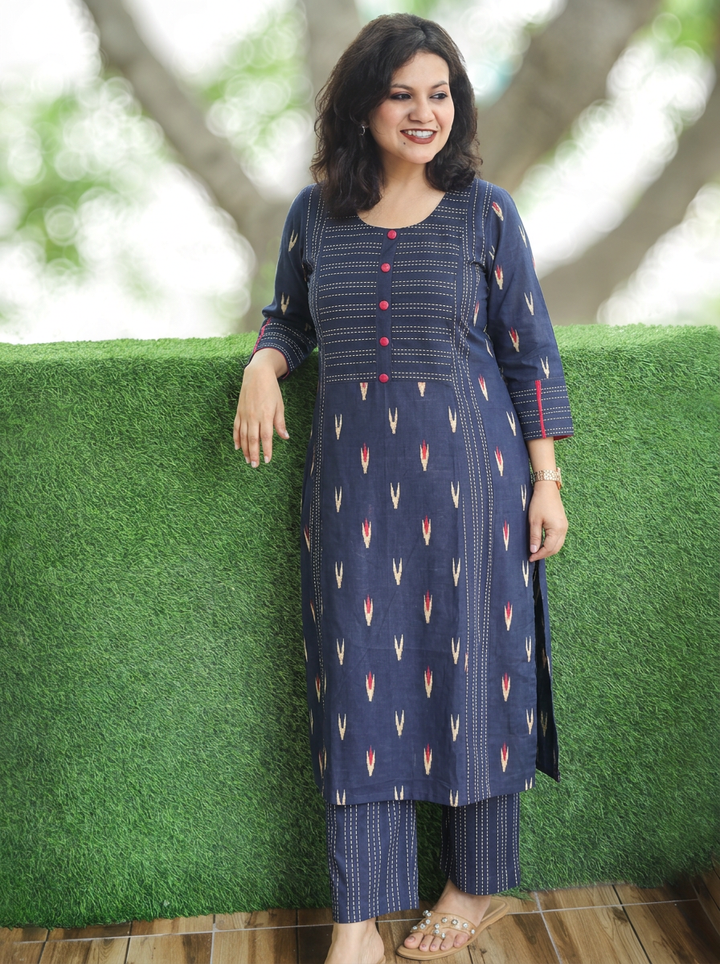 Musavari Denim Blue Ikkat Weaved South Cotton 2 Piece Set