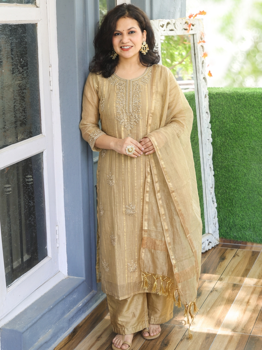 Dakshni Sand Beige Zari Work Crinkle Shimmer Tissue 3 Piece Set