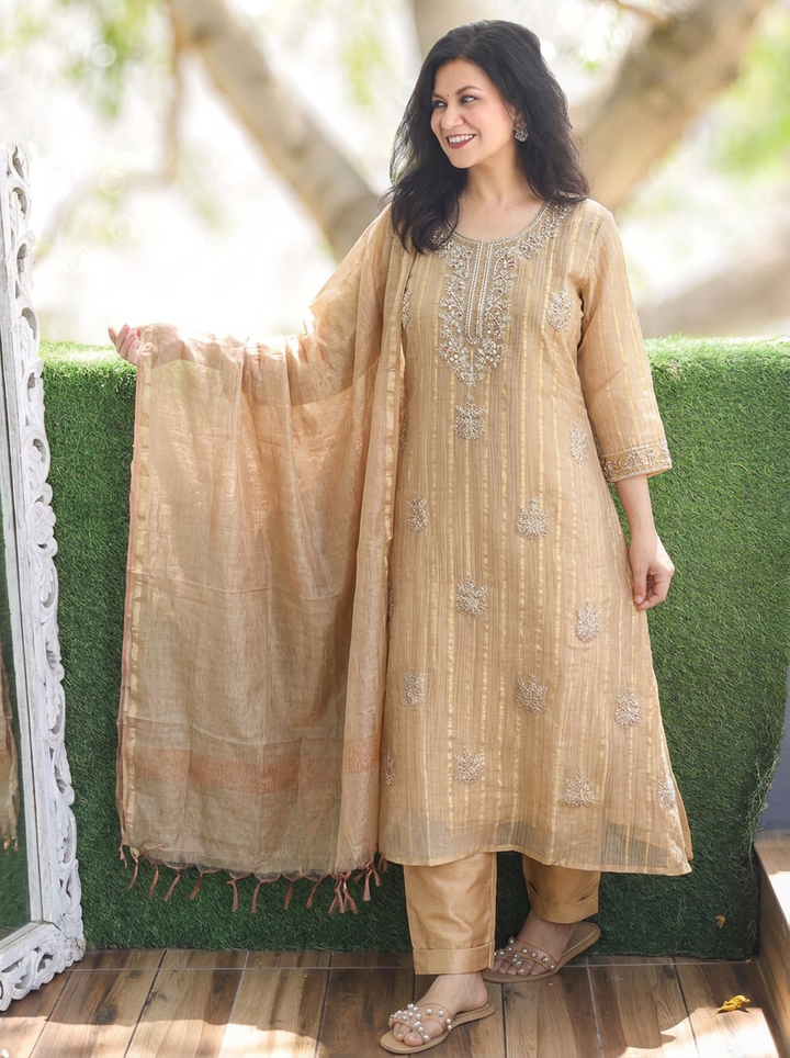Dakshni Sand Beige Zari Work Crinkle Shimmer Tissue 3 Piece Set