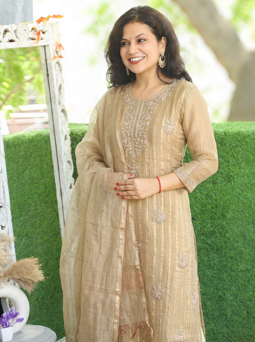 Dakshni Sand Beige Zari Work Crinkle Shimmer Tissue 3 Piece Set