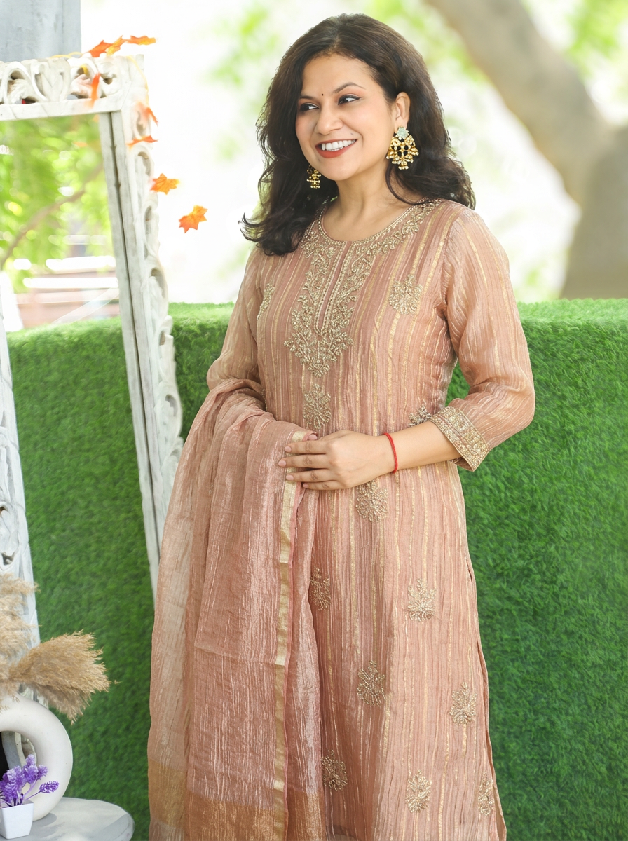 Dakshni Blush Mauve Zari Work Crinkle Shimmer Tissue 3 Piece Set
