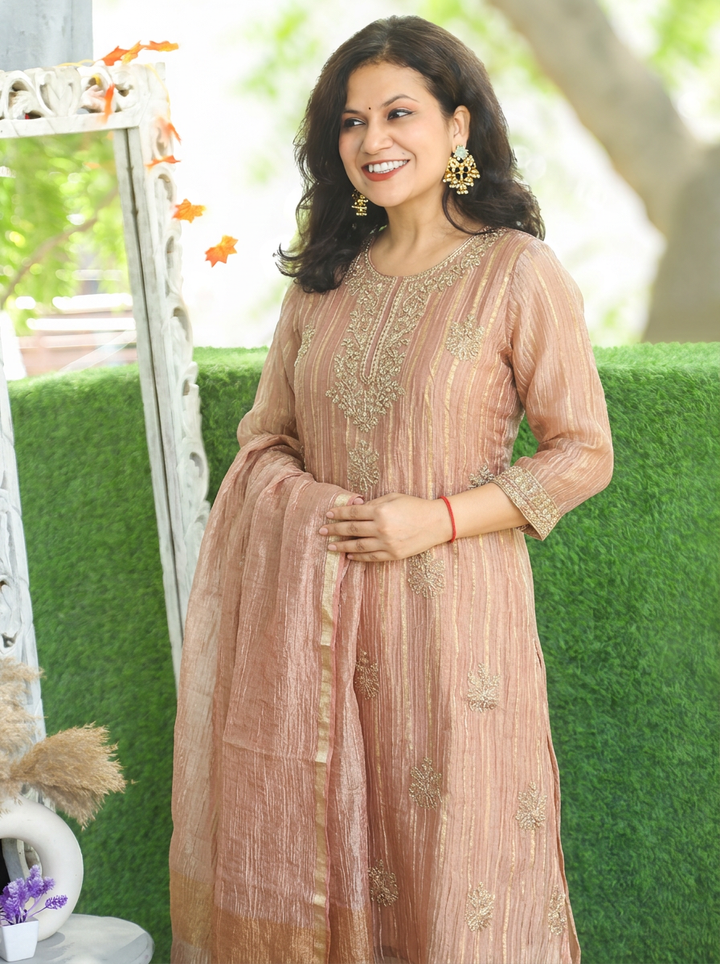 Dakshni Blush Mauve Zari Work Crinkle Shimmer Tissue 3 Piece Set