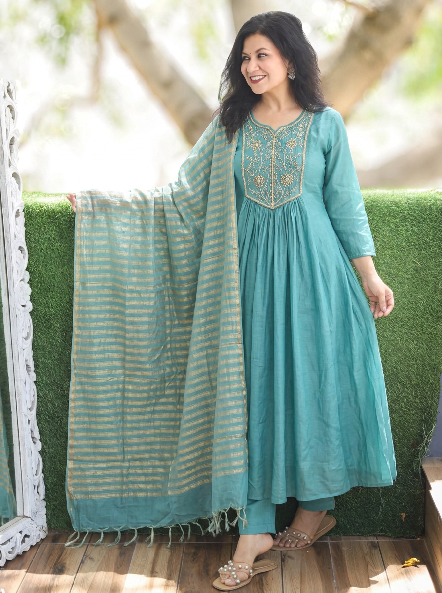 Yaashvi Turq Aqua Embellish Moti Kardana Mul Chanderi 3 Piece Set