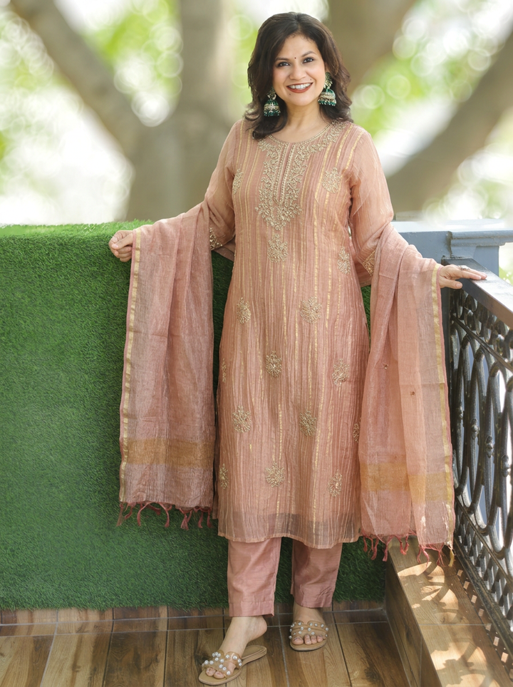 Dakshni Blush Mauve Zari Work Crinkle Shimmer Tissue 3 Piece Set
