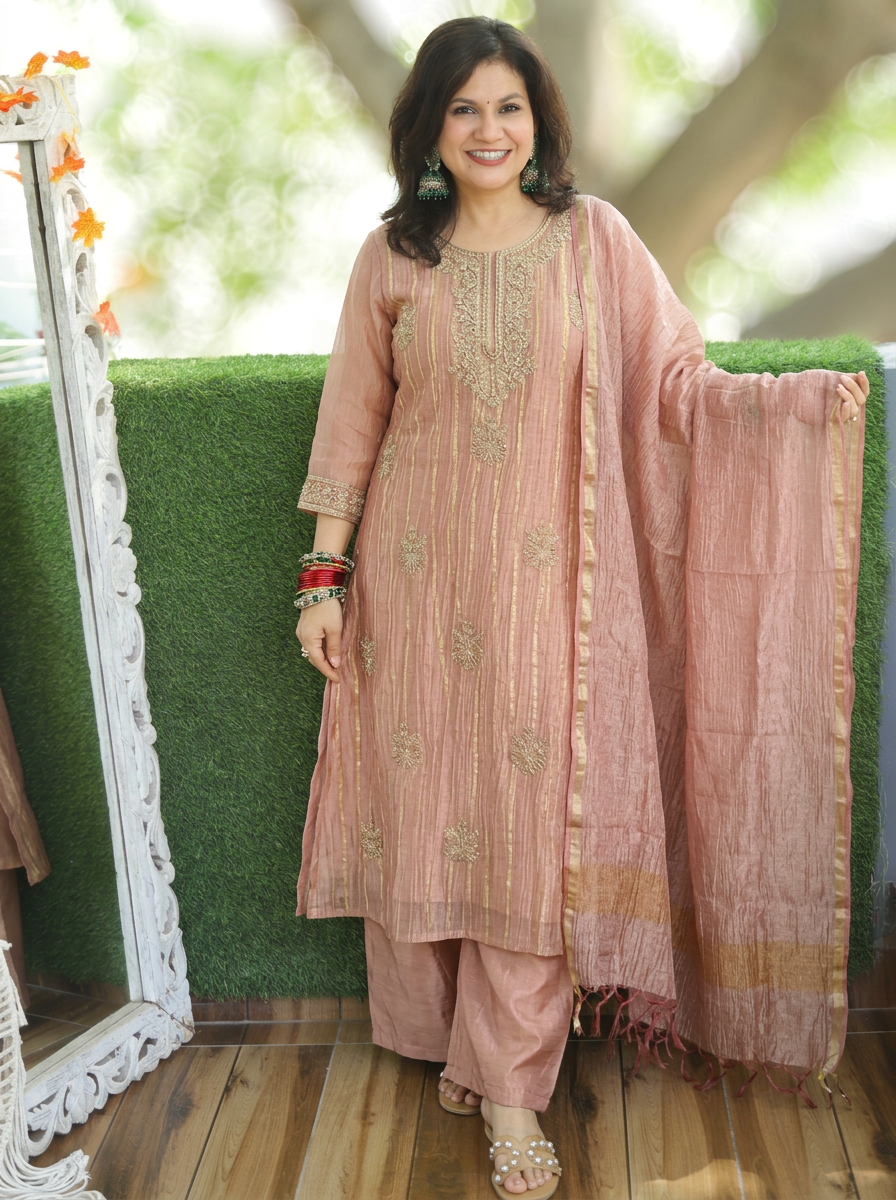 Dakshni Blush Mauve Zari Work Crinkle Shimmer Tissue 3 Piece Set