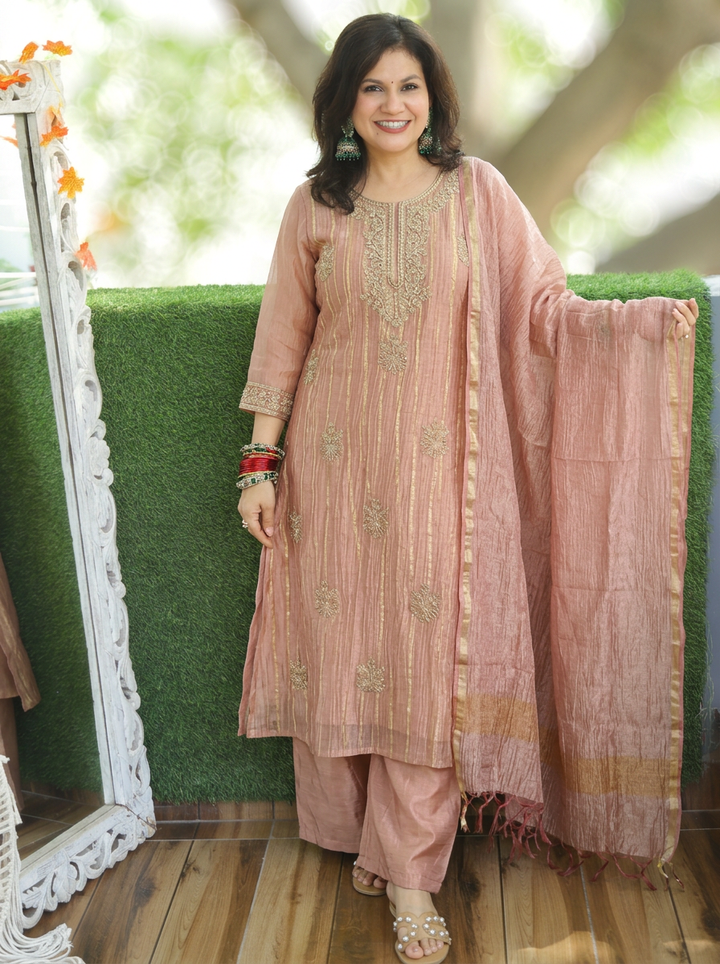 Dakshni Blush Mauve Zari Work Crinkle Shimmer Tissue 3 Piece Set