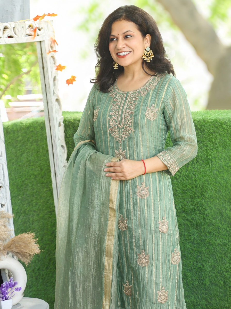 Dakshni Seaform Green Zari Work Crinkle Shimmer Tissue 3 Piece Set