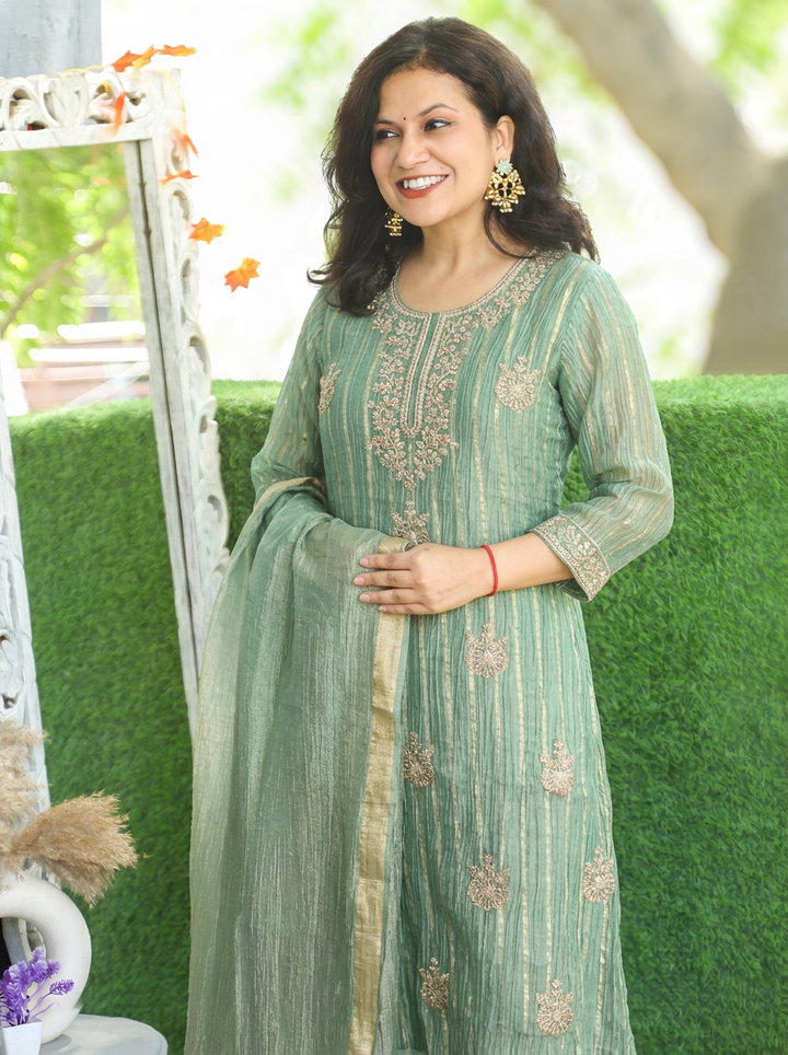 Dakshni Seaform Green Zari Work Crinkle Shimmer Tissue 3 Piece Set