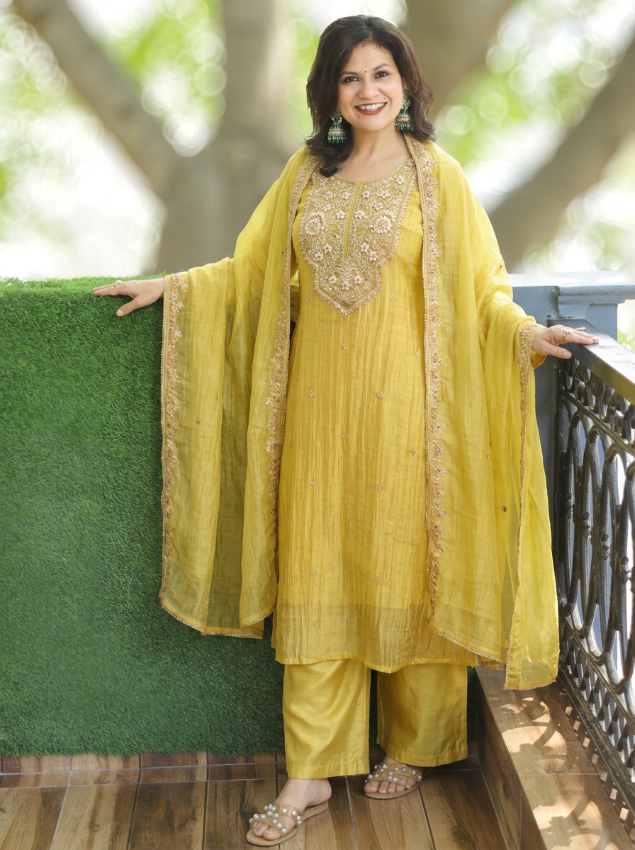 Ragini Canary Yellow Zari Work Crinkle Shimmer Tissue 3 Piece Set