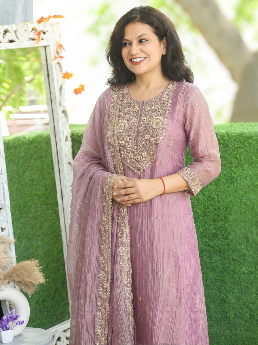 Ragini Lilly Lavender Zari Work Crinkle Shimmer Tissue 3 Piece Set