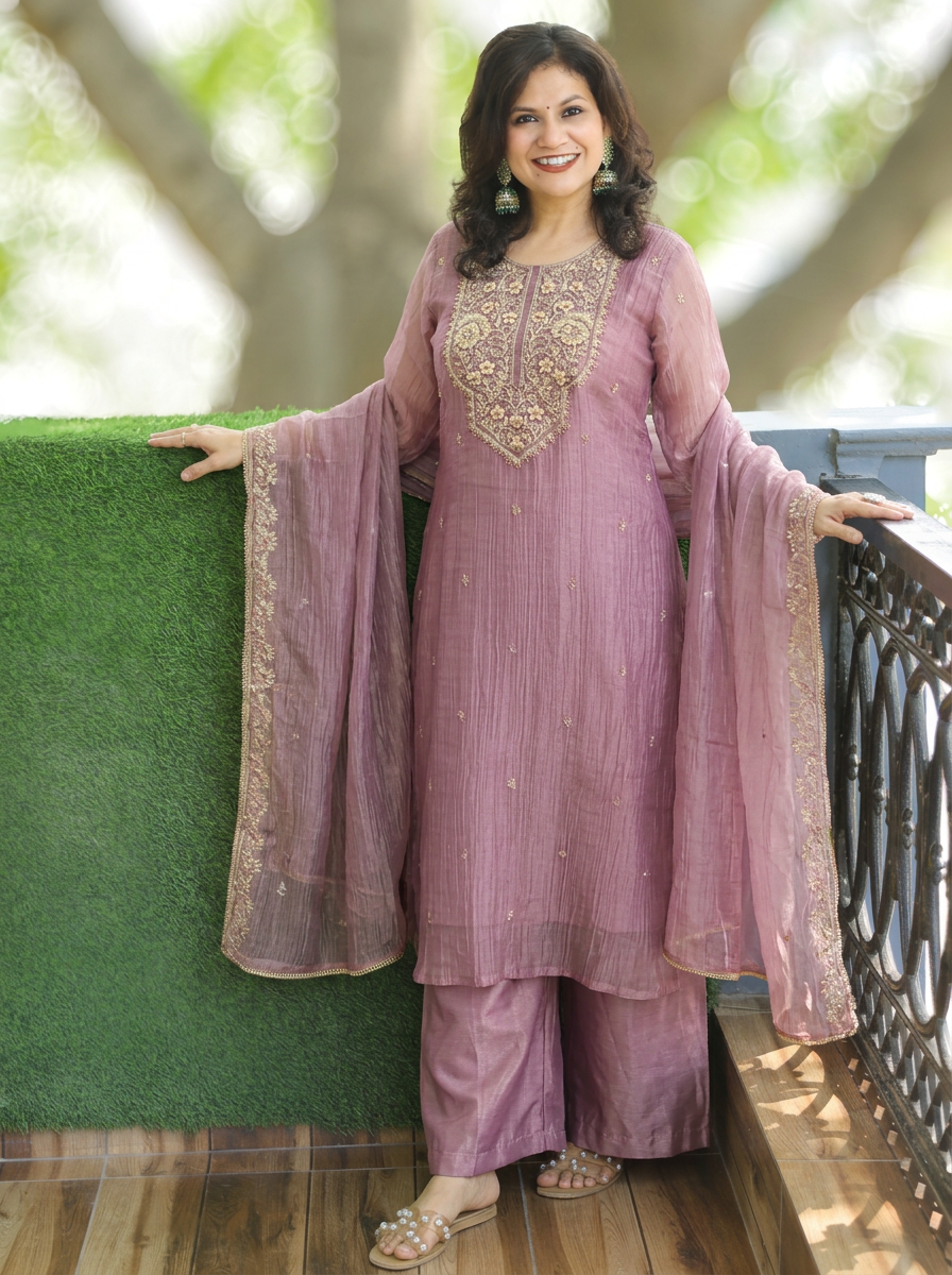 Ragini Lilly Lavender Zari Work Crinkle Shimmer Tissue 3 Piece Set