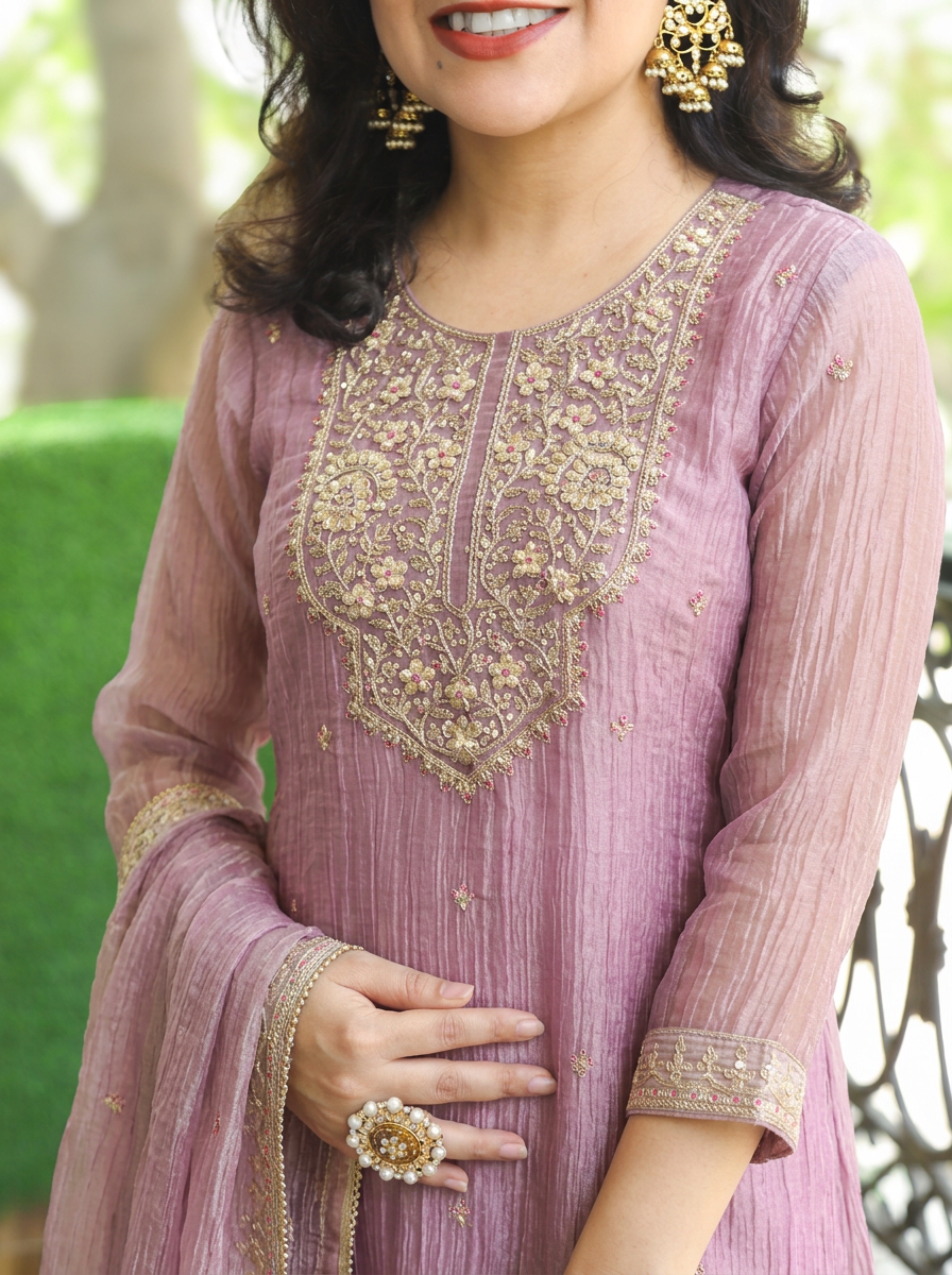 Ragini Lilly Lavender Zari Work Crinkle Shimmer Tissue 3 Piece Set