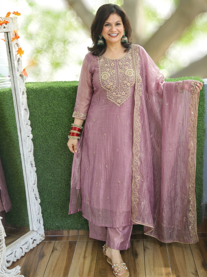 Ragini Lilly Lavender Zari Work Crinkle Shimmer Tissue 3 Piece Set