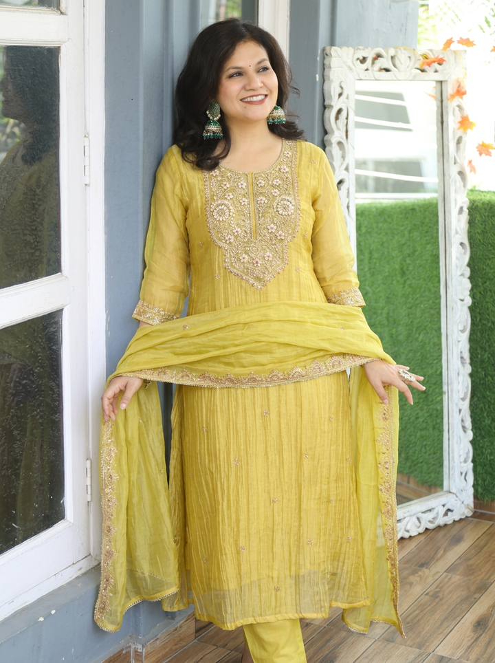 Ragini Canary Yellow Zari Work Crinkle Shimmer Tissue 3 Piece Set