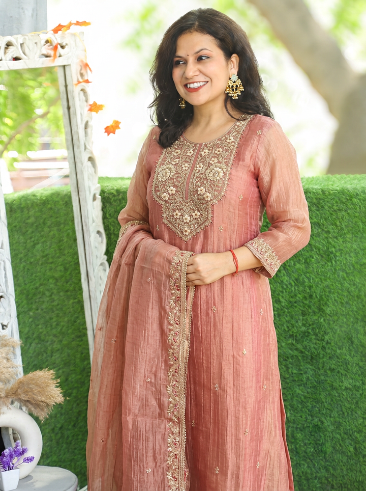 Ragini Dusty Rose Zari Work Crinkle Shimmer Tissue 3 Piece Set