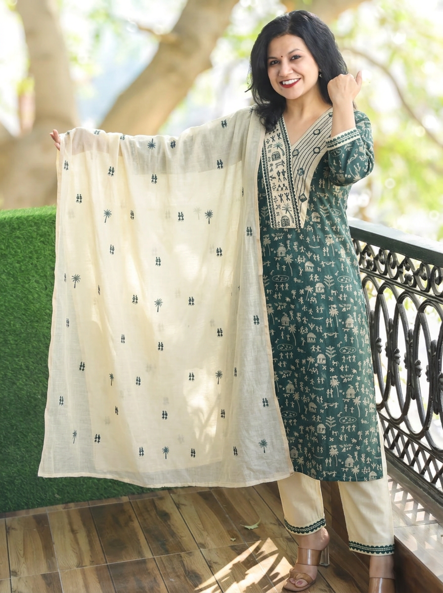 Araha Teal Warli Embroidered with Mirror Cotton 3 Piece Set