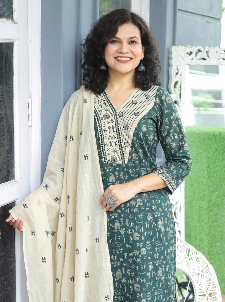 Araha Teal Warli Embroidered with Mirror Cotton 3 Piece Set