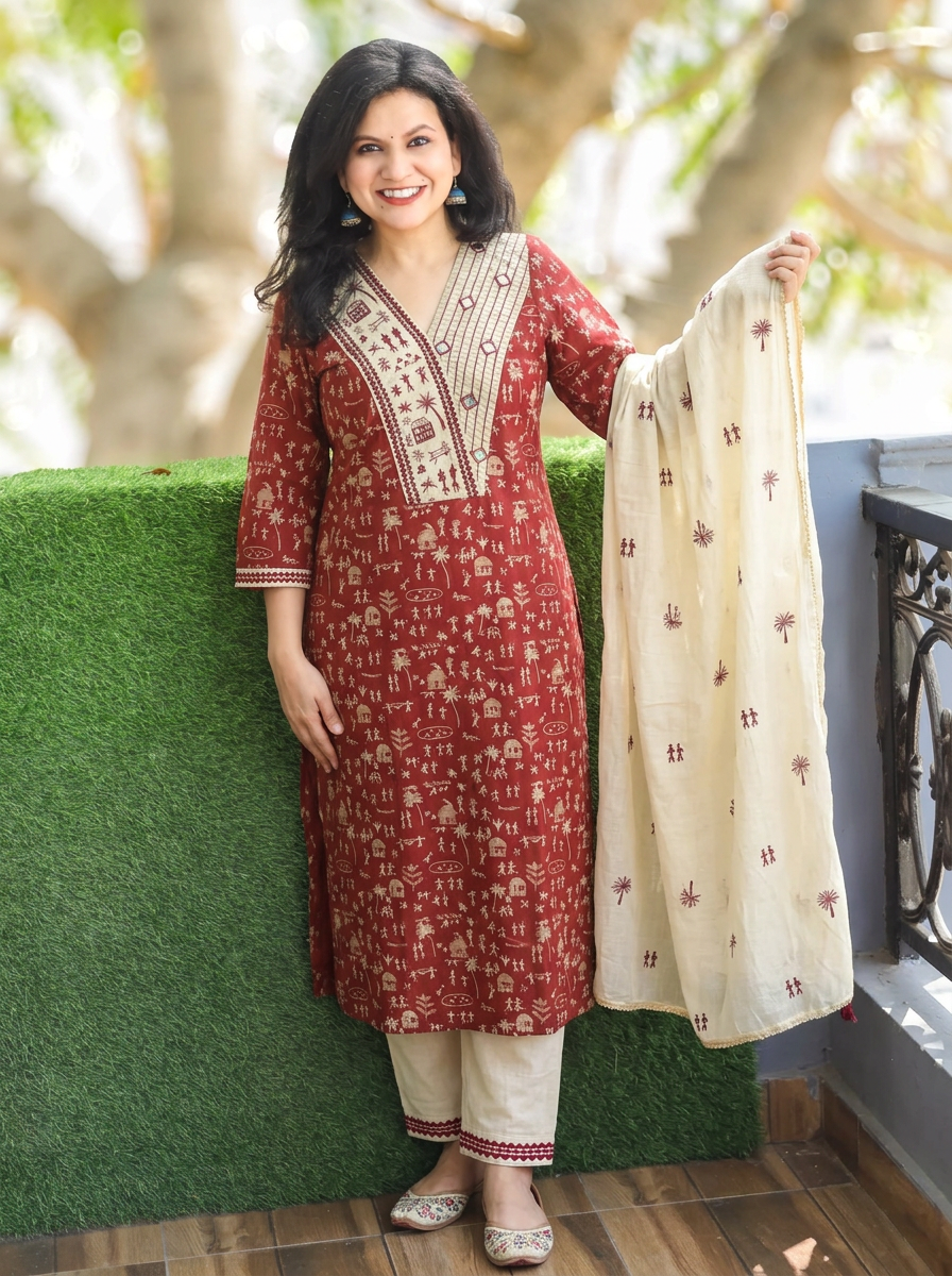 Araha Red Warli Embroidered with Mirror Cotton 3 Piece Set