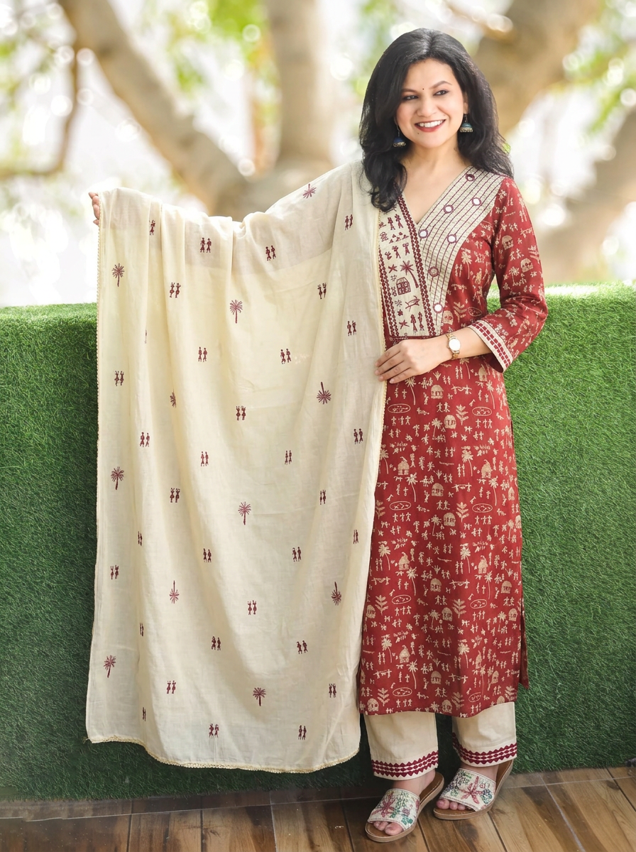 Araha Red Warli Embroidered with Mirror Cotton 3 Piece Set