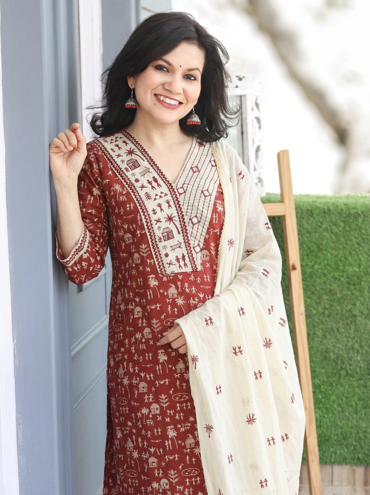 Araha Red Warli Embroidered with Mirror Cotton 3 Piece Set
