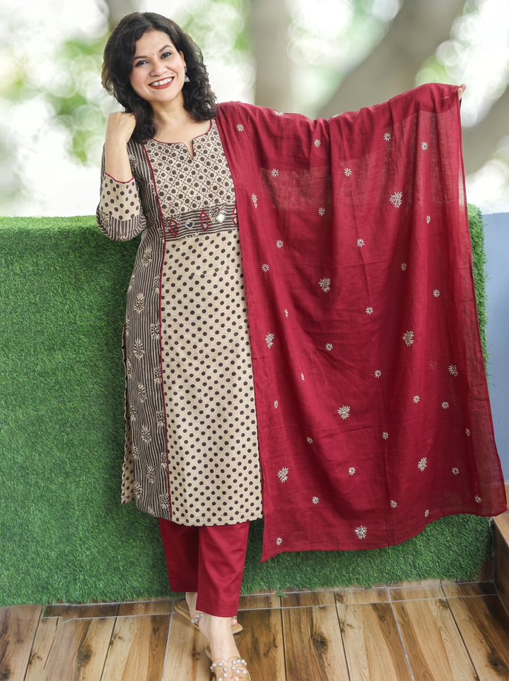 Anshuli Latte Tan Panel Style Dabu Printed Cotton 3 Piece Set