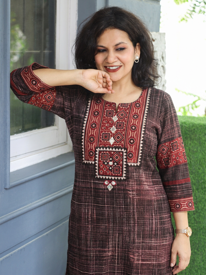 Zariya Walnut Black Ajrakh Yoke Brush Painted Cotton Kurti