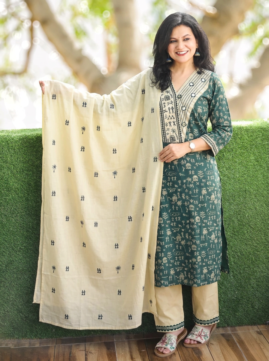 Araha Teal Warli Embroidered with Mirror Cotton 3 Piece Set