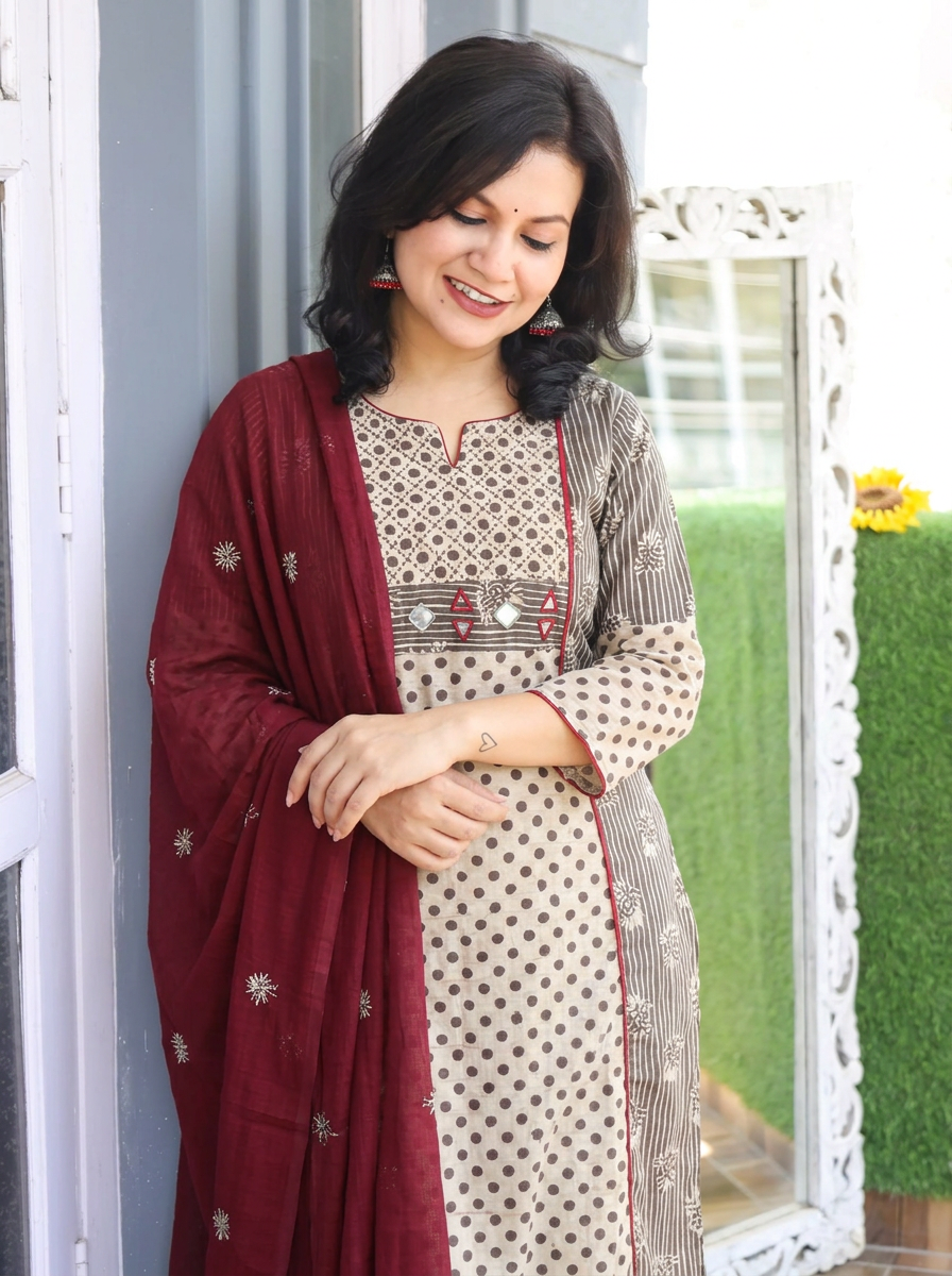 Anshuli Latte Tan Panel Style Dabu Printed Cotton 3 Piece Set