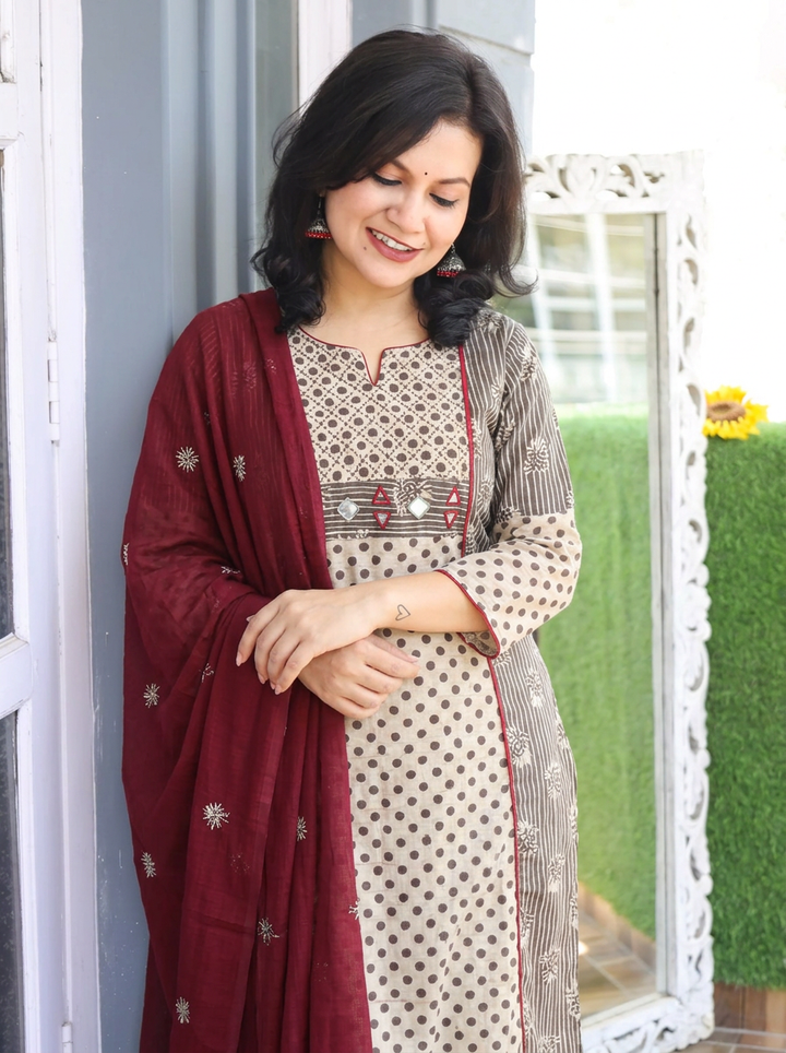 Anshuli Latte Tan Panel Style Dabu Printed Cotton 3 Piece Set