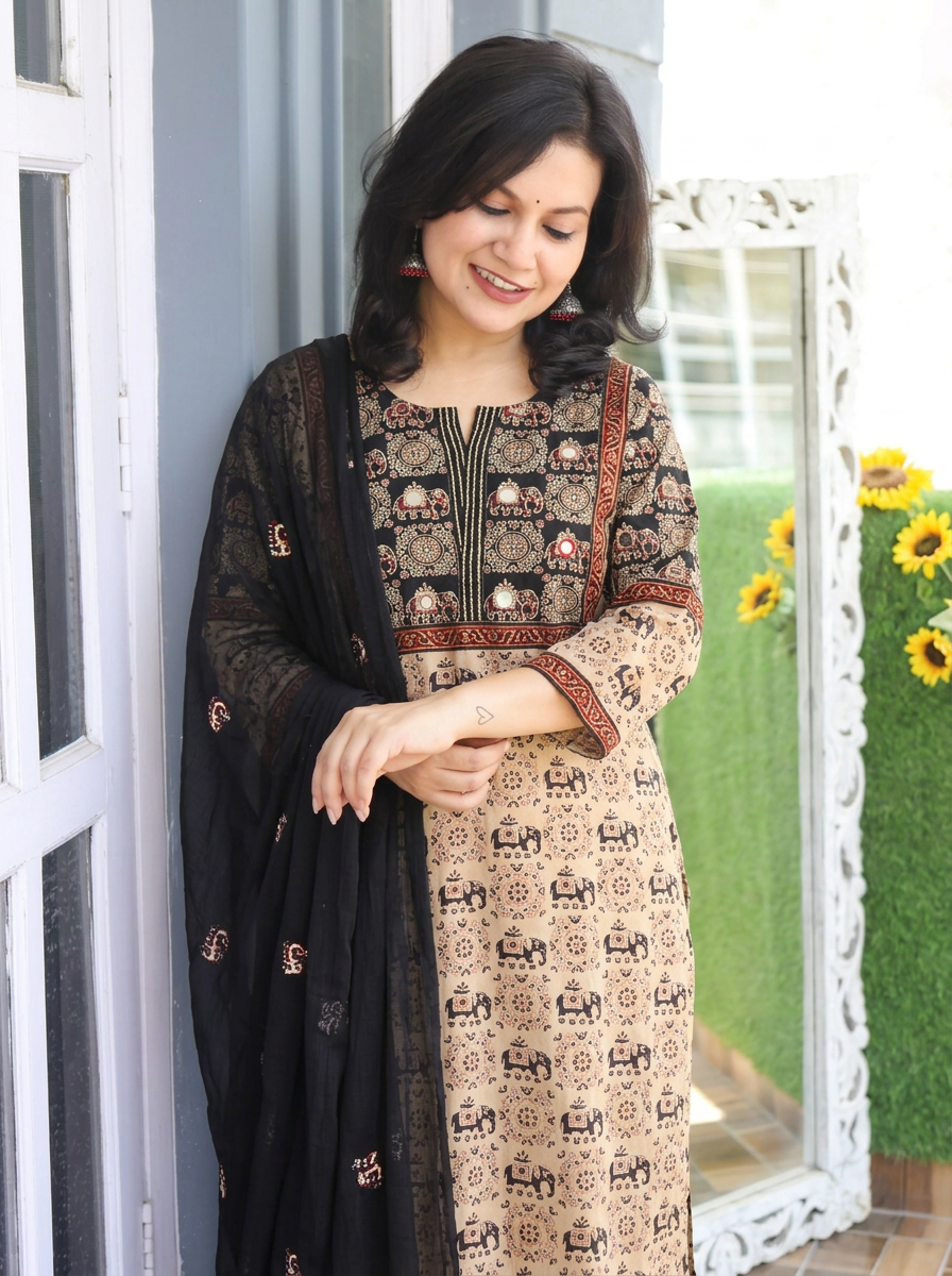 Anshuli Onxy Black Mirror Work Gajj Print Cotton 3 Piece Set