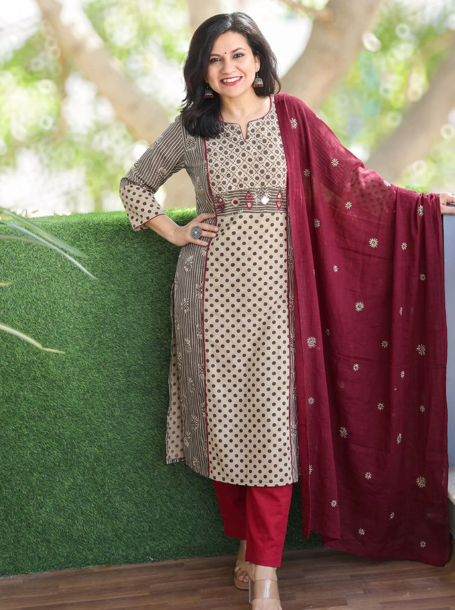 Anshuli Latte Tan Panel Style Dabu Printed Cotton 3 Piece Set