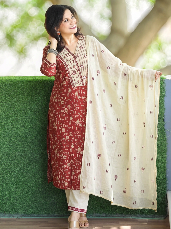 Araha Red Warli Embroidered with Mirror Cotton 3 Piece Set